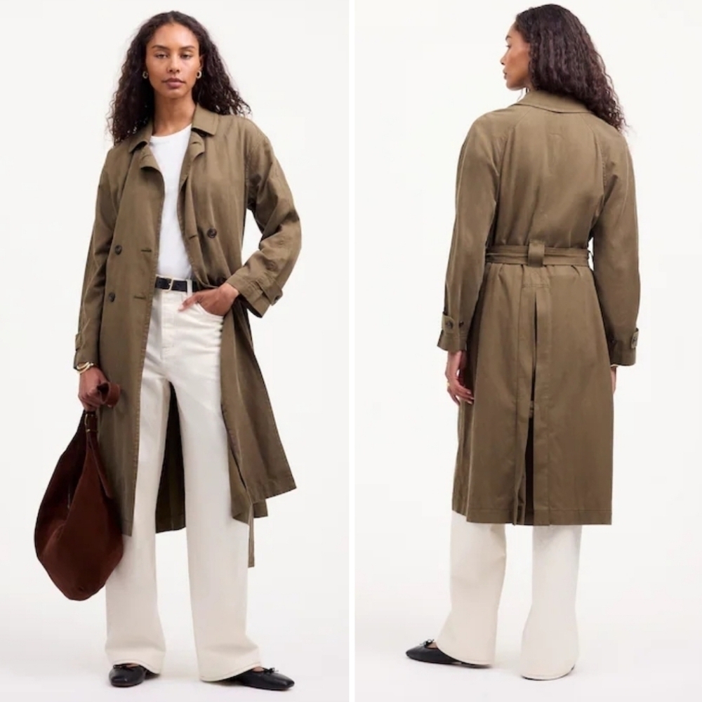 New! Madewell Belted Trench Coat in Drapey Twill Dark Olive Green